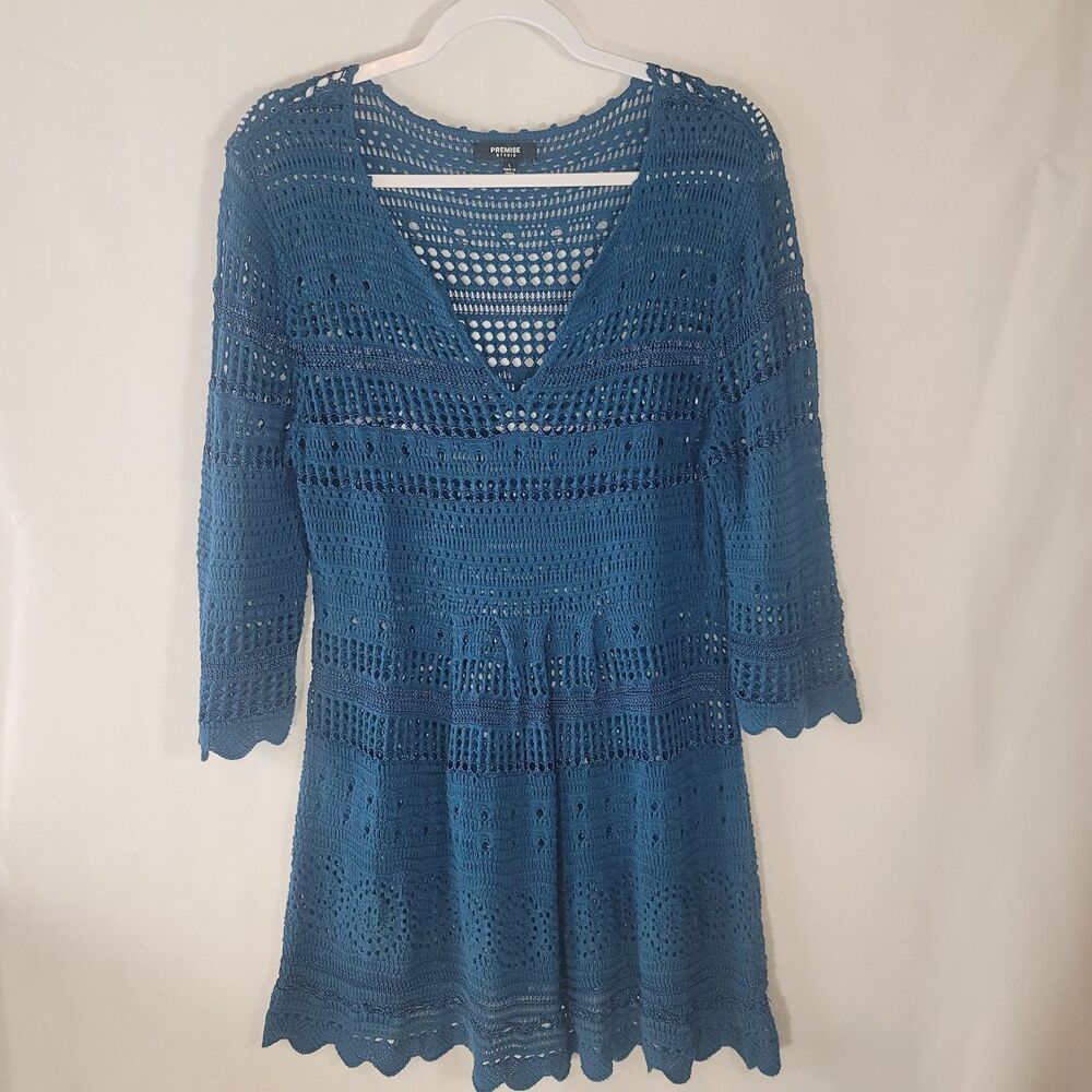Premise Studio Crochet Knit Tunic Sweater Blue V-Neck 3/4 Sleeve Top Large Boho